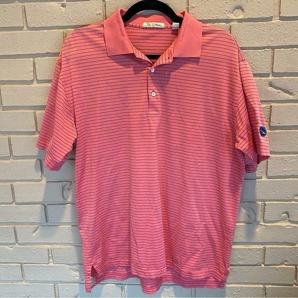 Peter Millar Mercerized Cotton Golf Polo Shirt Pink Striped Sleeve Patch Medium - Picture 1 of 6